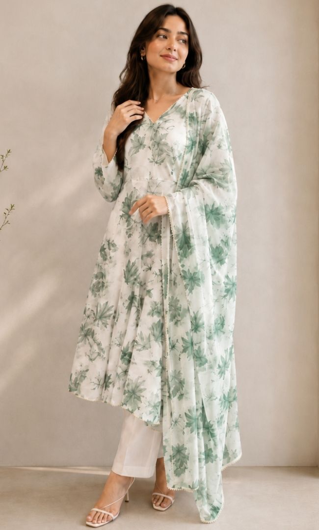 White Green Floral Georgette Anarkali Set