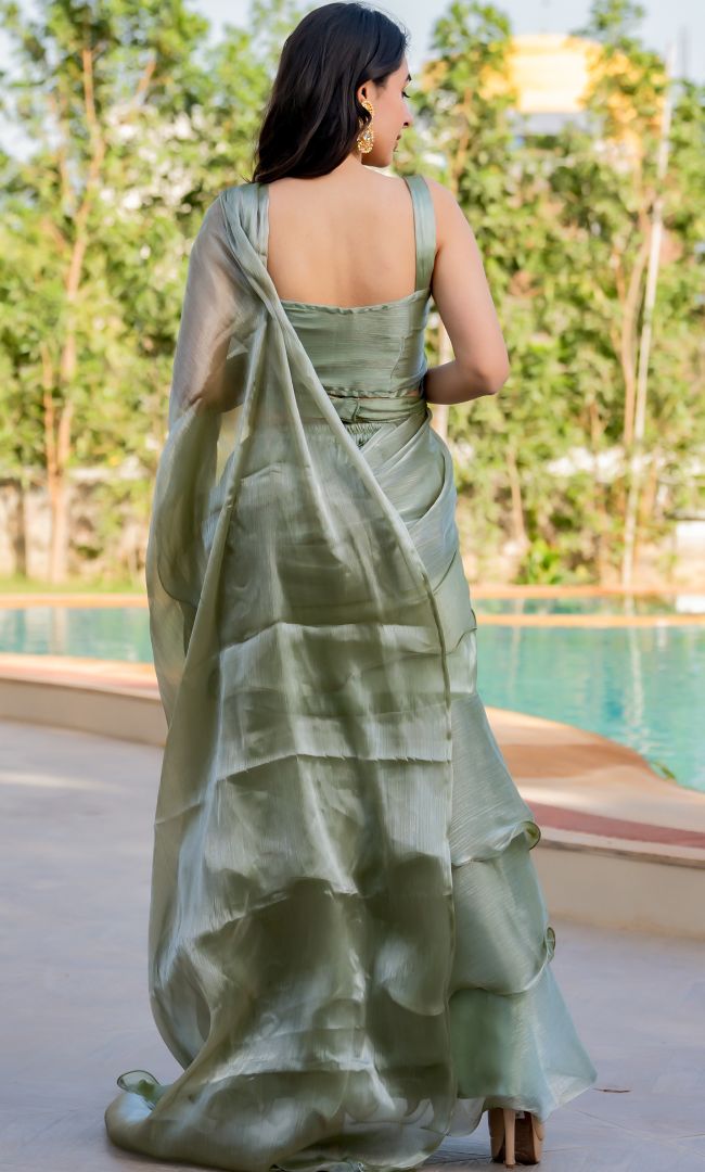 Pistachio Shimmer Ruffle Saree