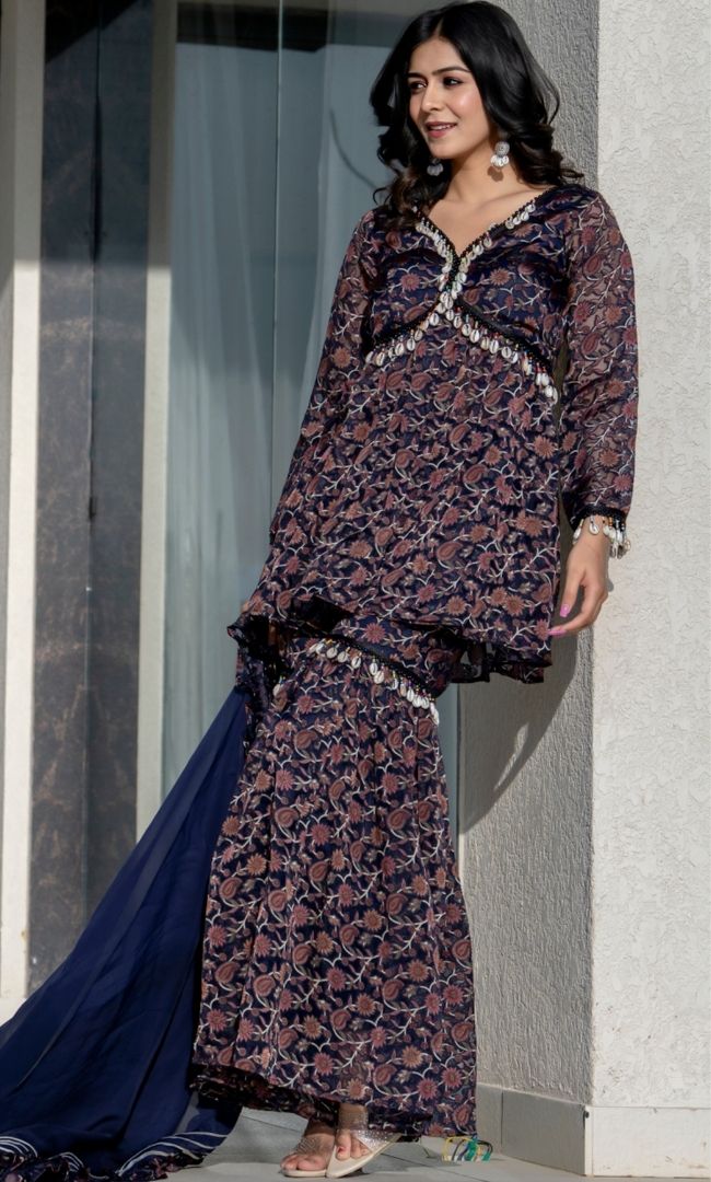 Navy Blue Shell Sharara Set