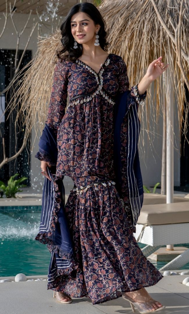 Navy Blue Shell Sharara Set