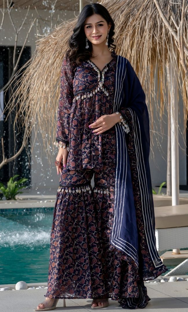 Navy Blue Shell Sharara Set