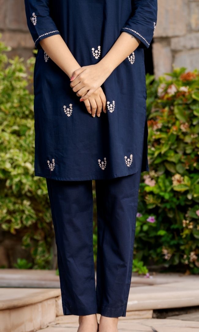 Navy Embroidered Kurta Pant Set