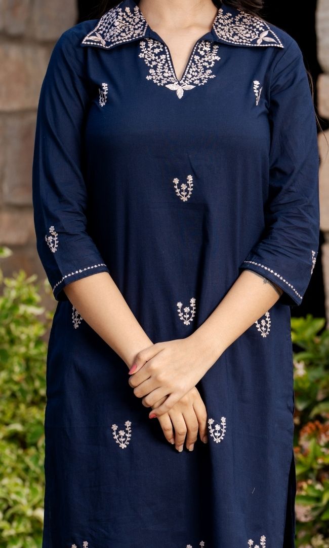 Navy Embroidered Kurta Pant Set