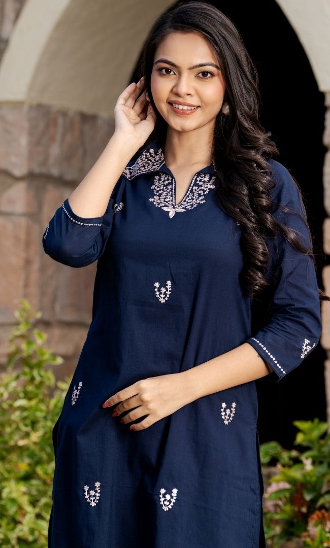 Navy Embroidered Kurta Pant Set