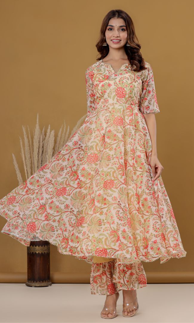 Beige Floral Anarkali Set