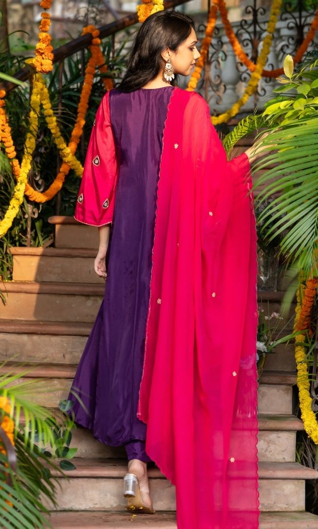 Dark Purple & Pink Embroidered Suit Set