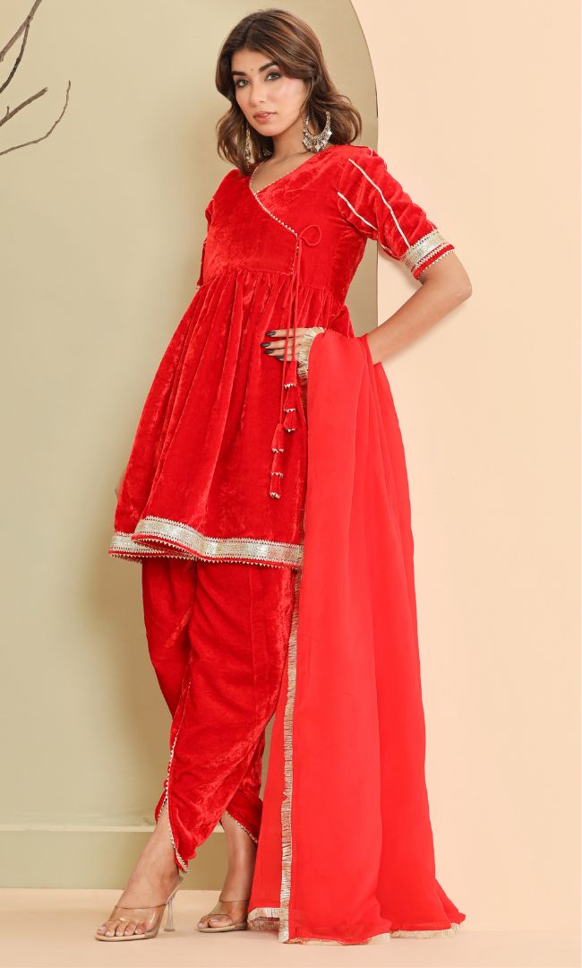 Ruby Red Velvet Angrakha set