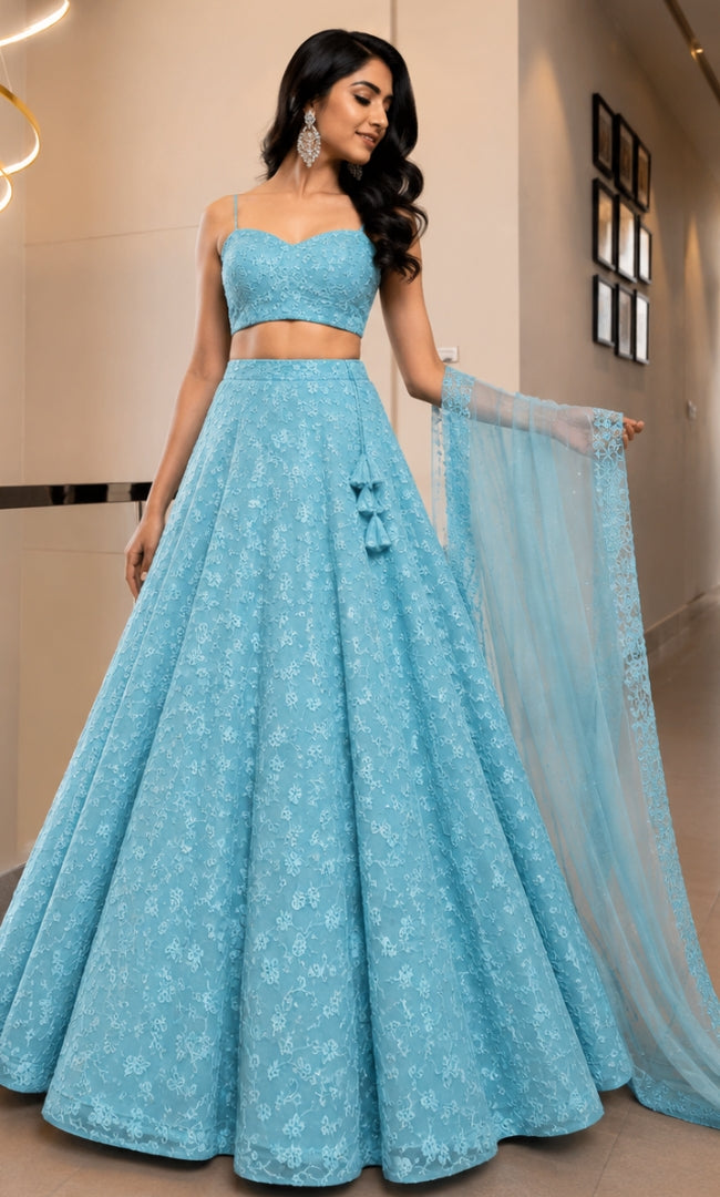 Aqua Floral Sequin Embroidery Lehenga Set