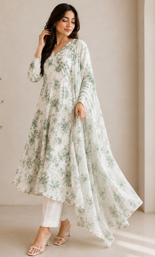 White Green Floral Georgette Anarkali Set
