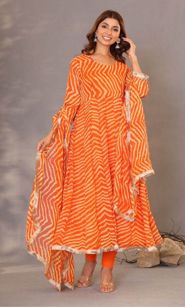 Orange Leheriya Anarkali Set