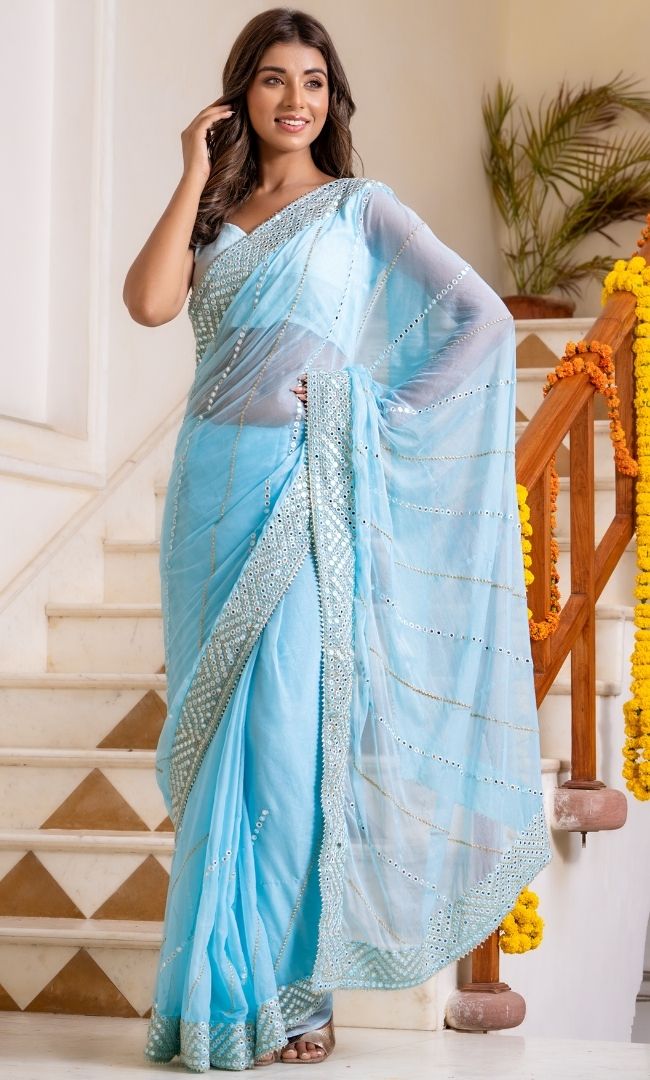 Light Blue Mirror Work Saree