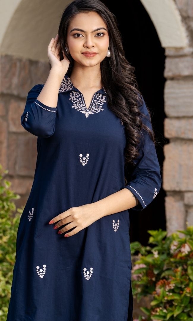 Navy Embroidered Kurta Pant Set