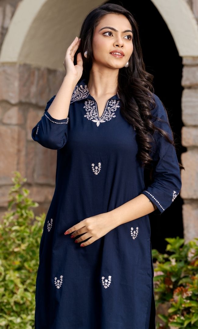 Navy Embroidered Kurta Pant Set