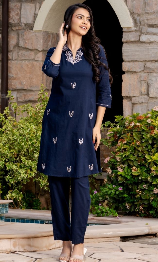 Navy Embroidered Kurta Pant Set