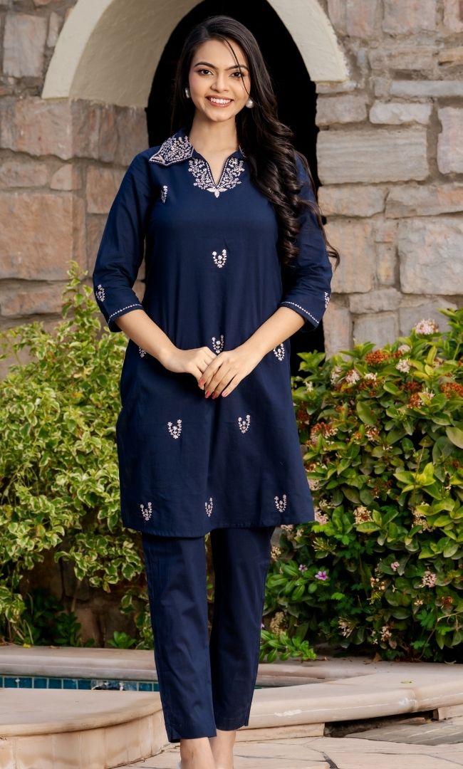 Navy Embroidered Kurta Pant Set