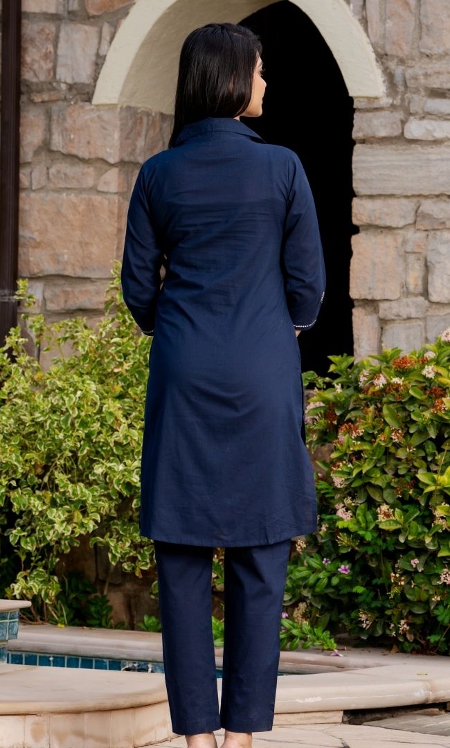 Navy Embroidered Kurta Pant Set