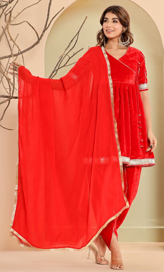 Ruby Red Velvet Angrakha set
