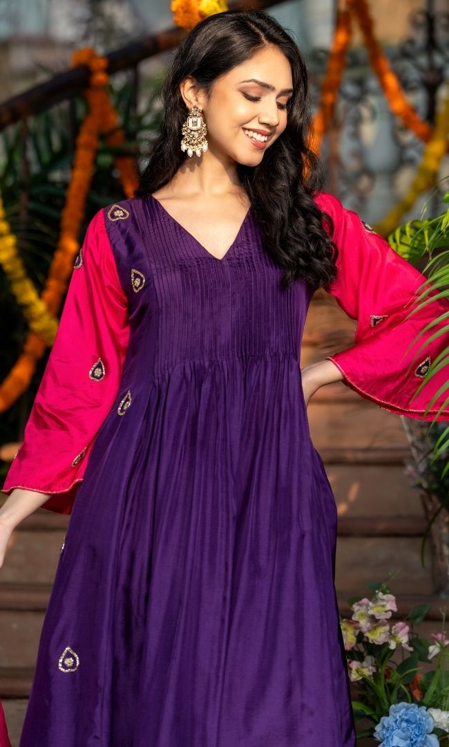 Dark Purple & Pink Embroidered Suit Set
