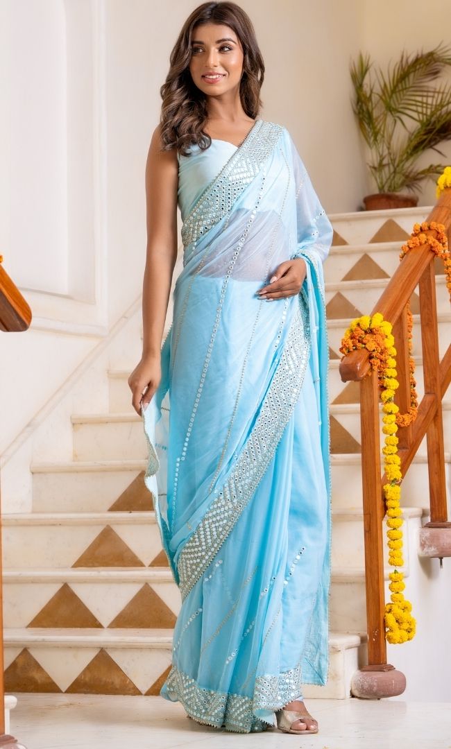 Light Blue Mirror Work Saree