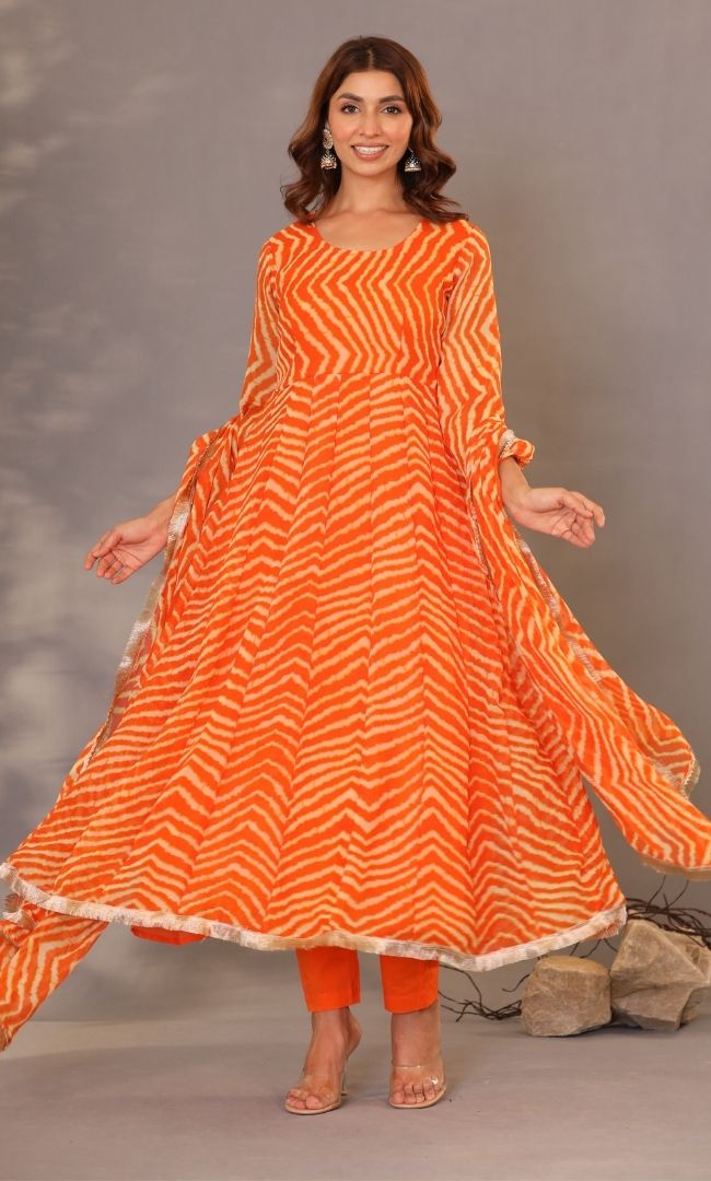 Orange Leheriya Anarkali Set