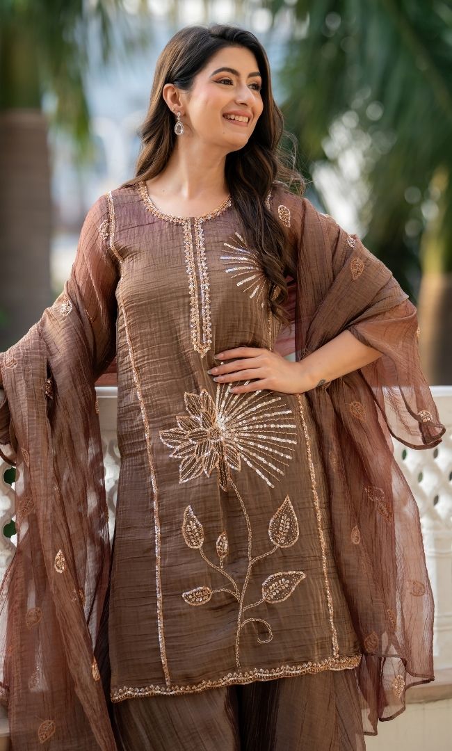 Brown Tissue Sequence Suit Set