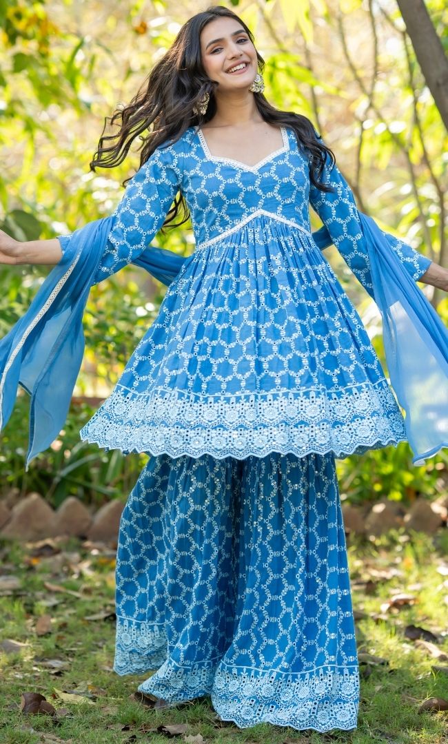 Blue Chikankari Sharara Set