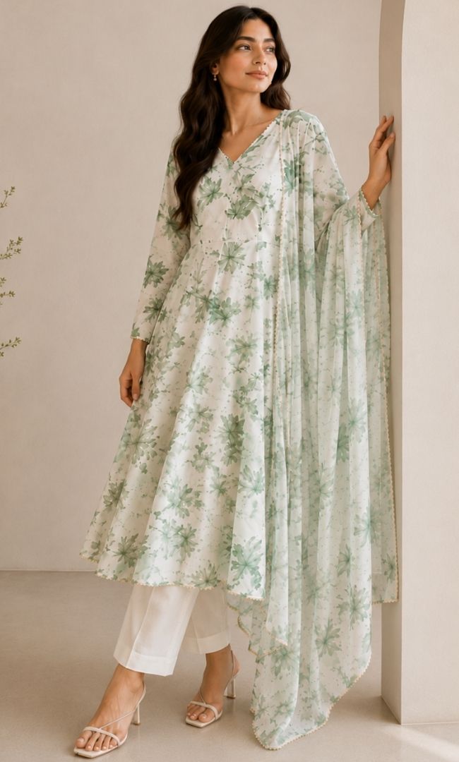 White Green Floral Georgette Anarkali Set