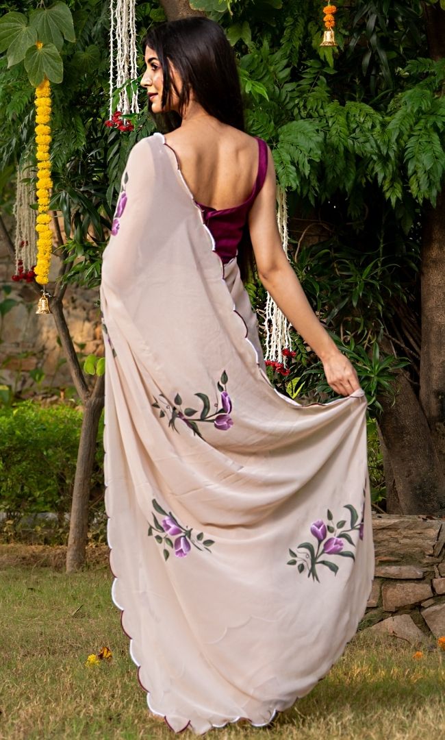 Pearled Ivory Hand Painted Saree