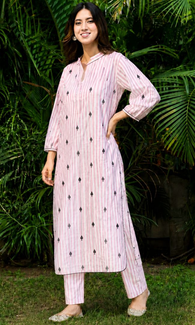 Striped Pikes Spades Cotton Kurta Set