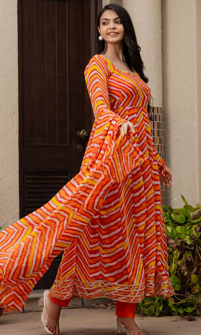 Leheriya Orange Anarkali Set