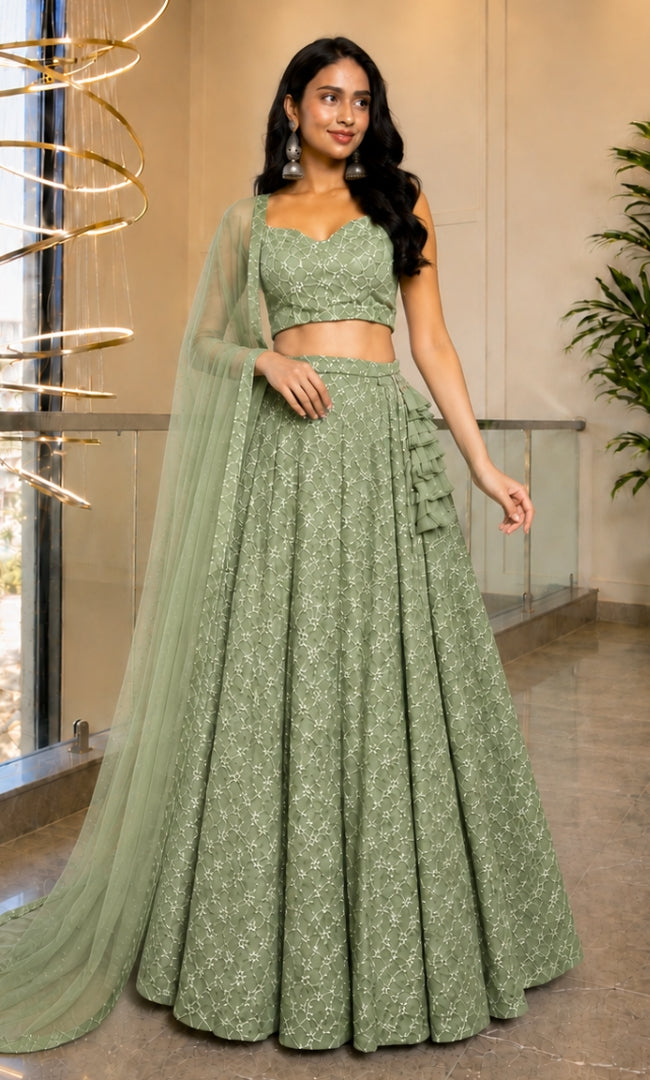 Herbal Green Jaal Embroidery Lehenga Set