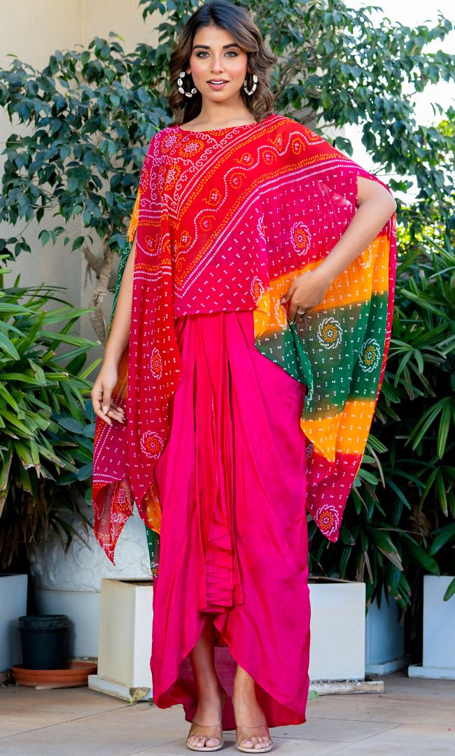 Hot Pink Bandhej Skirt Set