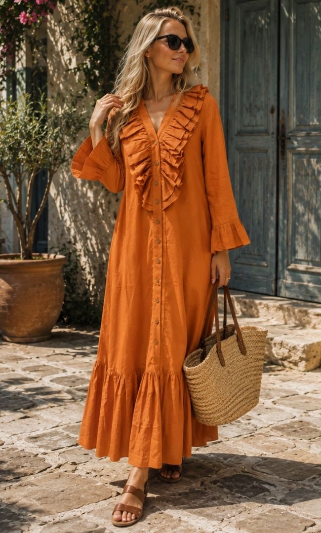 Burnt Orange Ruffle Maxi Dress