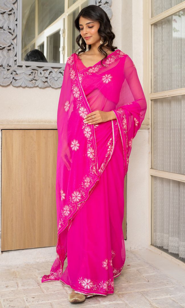 Glittering Pink Shimmer Saree