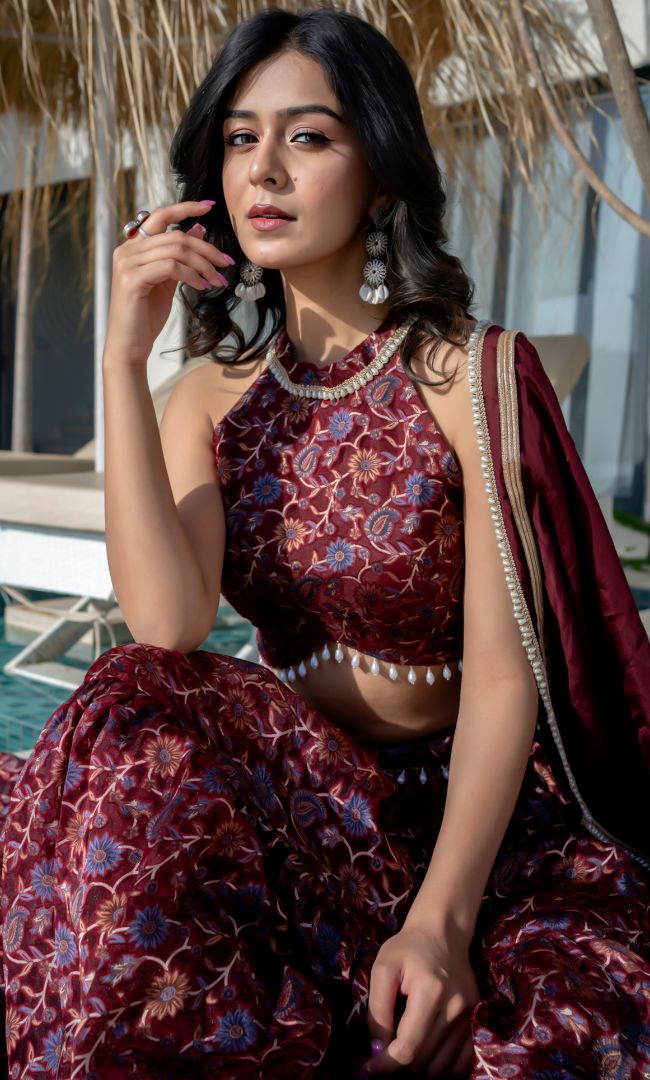 Maroon Halter Neck Lehenga
