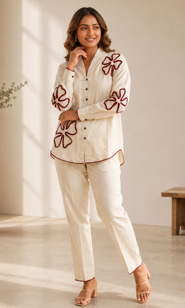 Ecru Maroon Linen Co-ord Set