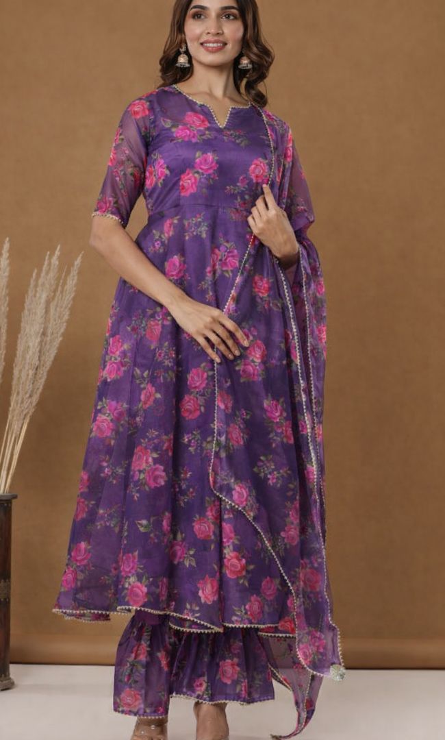 Purple Floral Anarkali Set