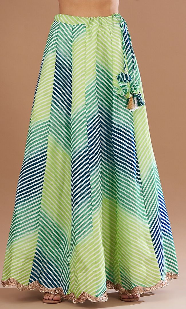 Green-Leheriya Kalidar Lehenga & Mirror Work Blouse With Dupatta Set