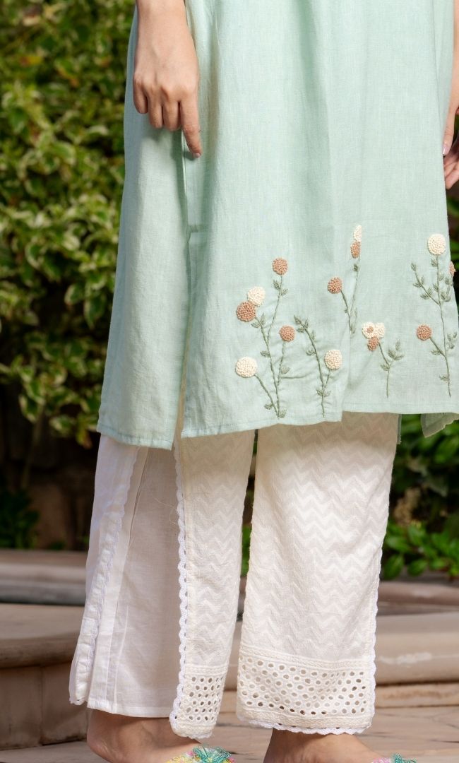 Pista Green Embroidered Kurti