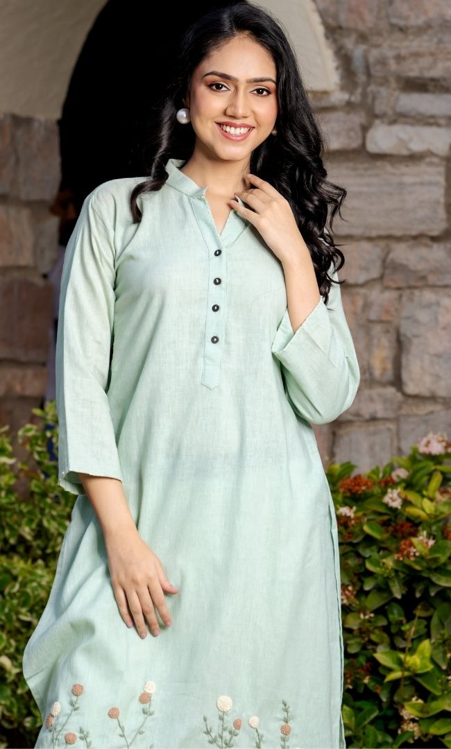 Pista Green Embroidered Kurti