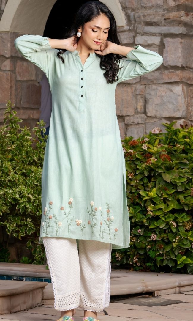 Pista Green Embroidered Kurti