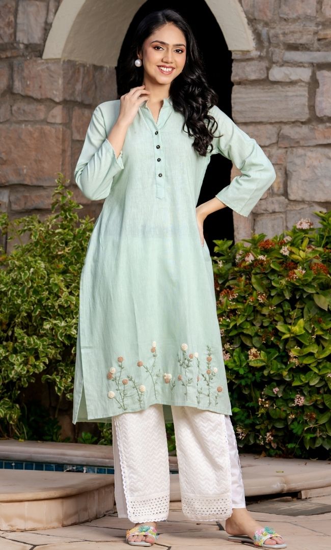 Pista Green Embroidered Kurti