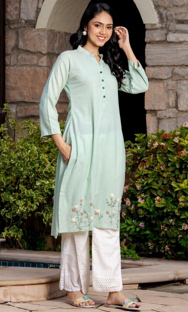 Pista Green Embroidered Kurti