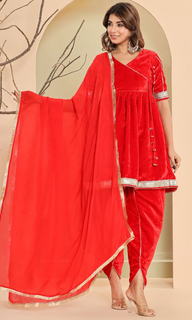 Ruby Red Velvet Angrakha set