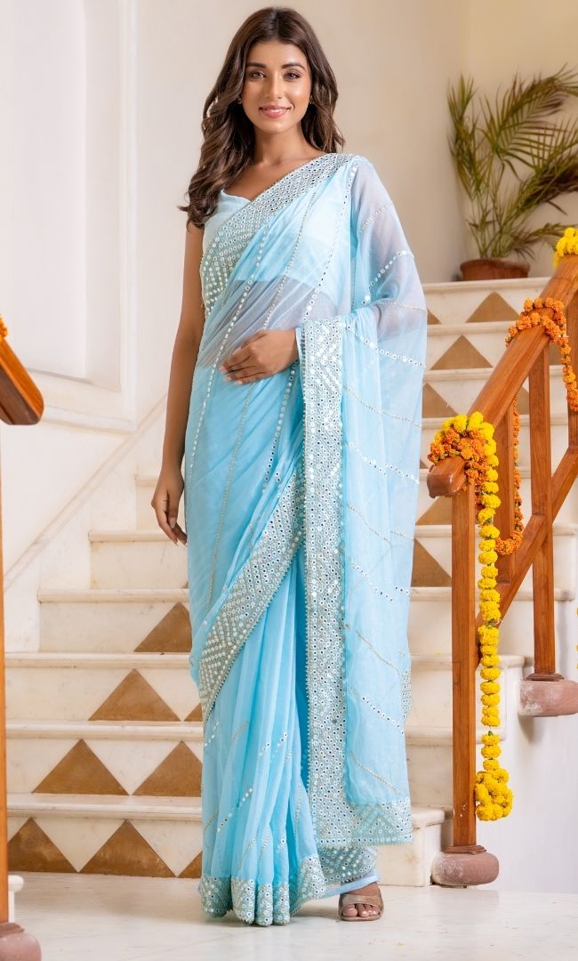 Light Blue Mirror Work Saree