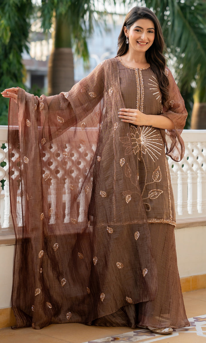 Brown Tissue Sequence Suit Set