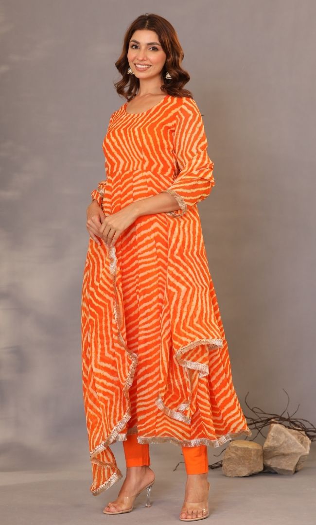 Orange Leheriya Anarkali Set