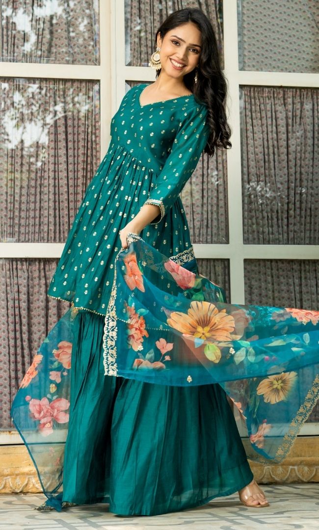 Pine Green Chanderi Sharara Set