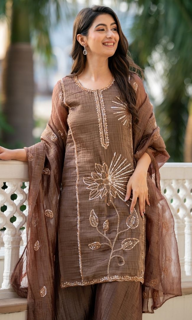 Brown Tissue Sequence Suit Set