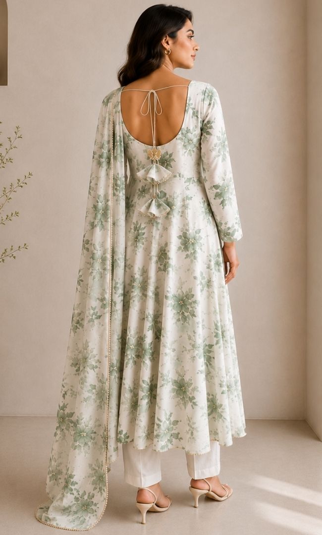White Green Floral Georgette Anarkali Set